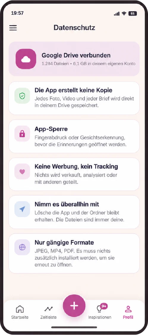 Datenschutzseite mit verbundenem Google Drive