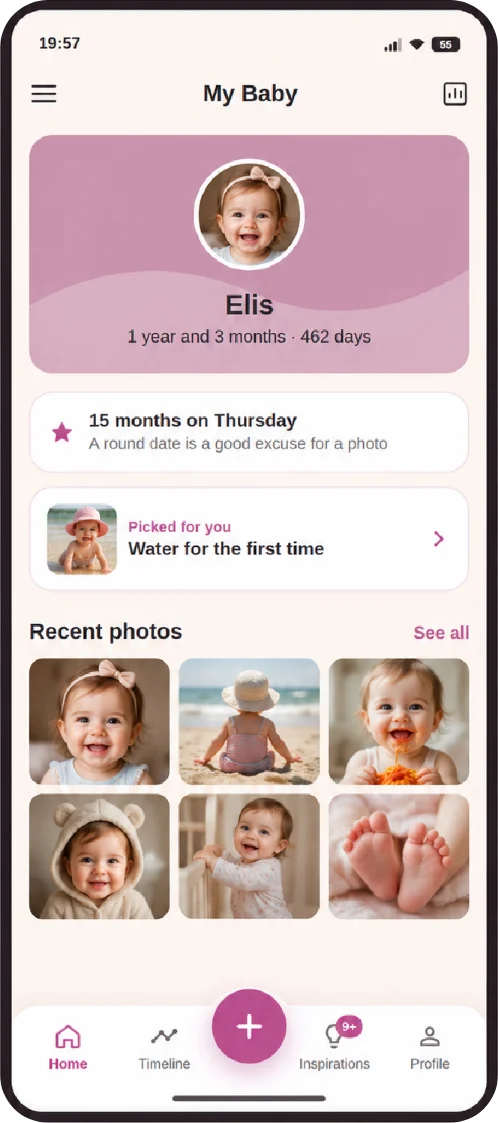 Home screen with the child's name, age and recent photos