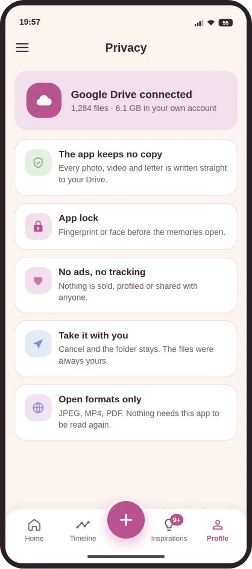 Privacy screen with Google Drive connected