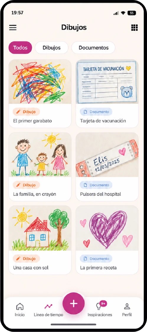 Dibujos y documentos guardados uno junto a otro