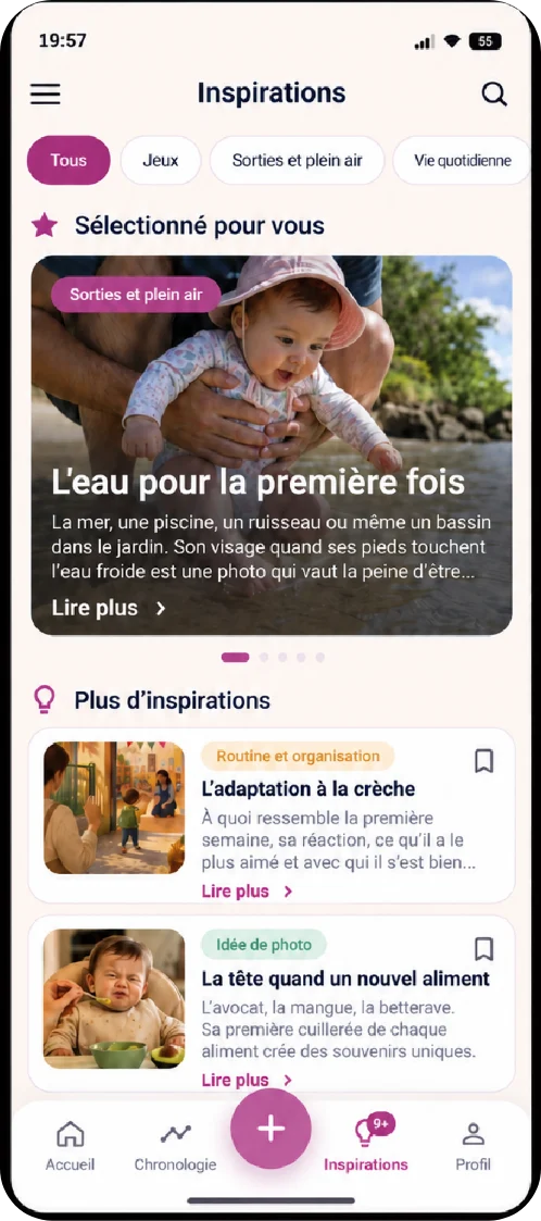 Écran d'inspirations avec des idées de moments