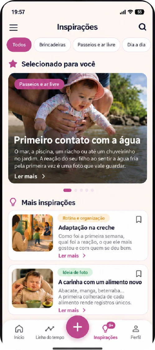 Tela de inspirações com sugestões de momentos para registrar